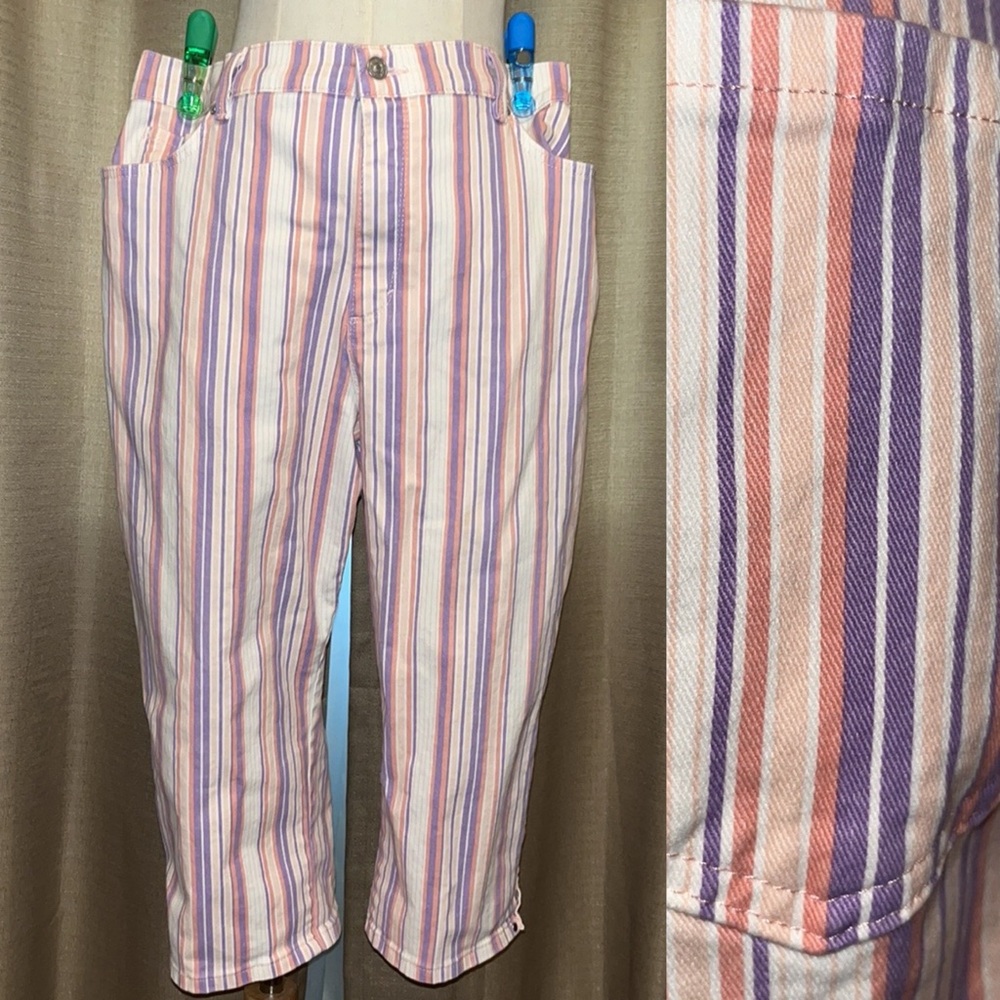 Gloria Vanderbilt Amanda Stripe 5 Pocket Capri Womens Size 18 Pink White Purple